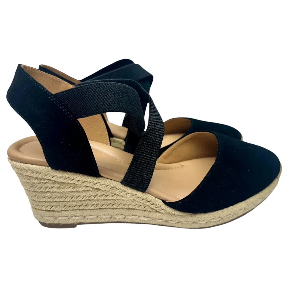 Easy Spirit Black Wedges Size 9.5 W Meza‎ Casual Strappy Espadrille Sandal Heels